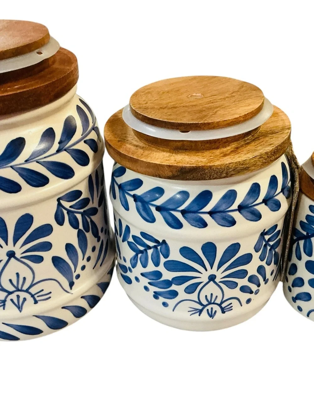 Blue Floral Ceramic Canister set with Wood Lid - White and Blue